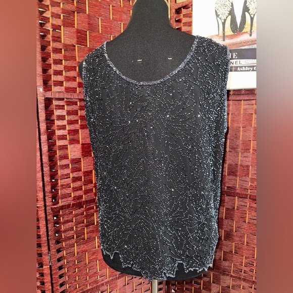J Kara Vintage Elegant Black Beaded Chiffon jacket & Cami 2 Piece Top Size L - Picture 6 of 11